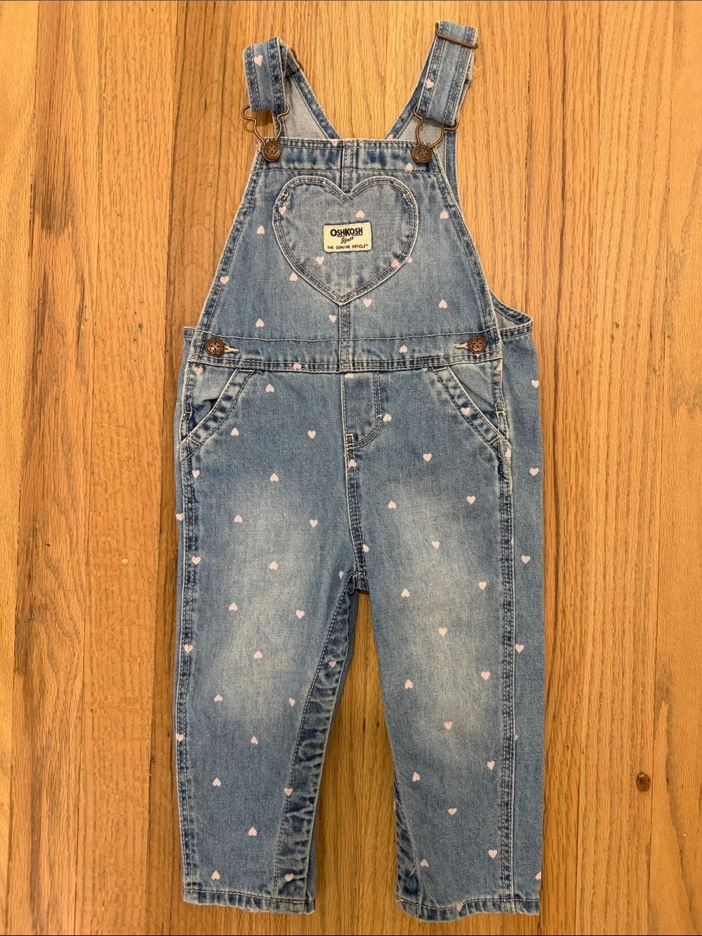 OshKosh B'gosh Light Blue Denim Overalls with Pink Heart Print 18M